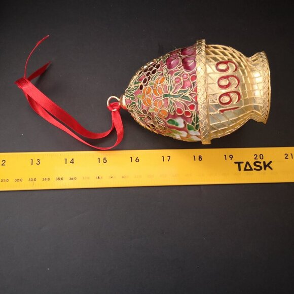 Vintage Cloisonne Christmas Ornament w/ Red Velvet Box Mini Fruit Basket 1999 - Picture 8 of 8